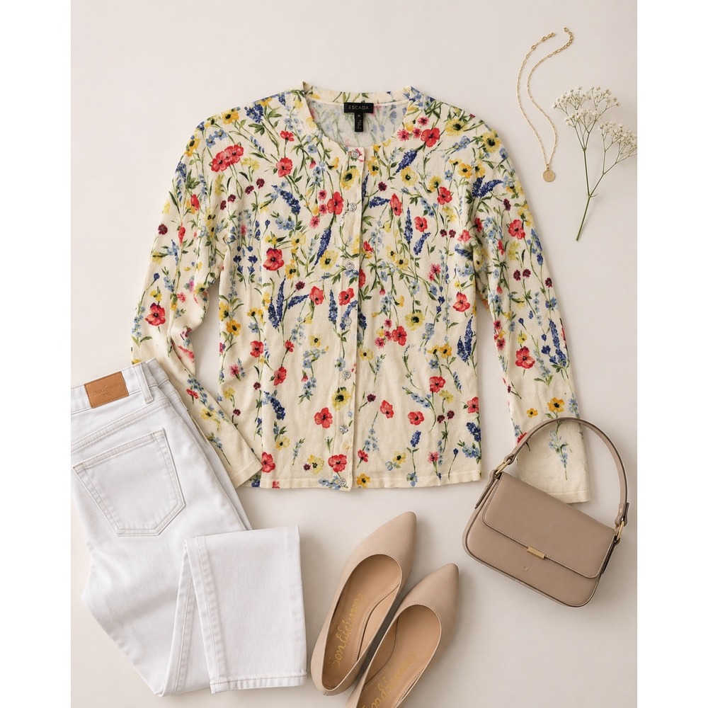 Escada Women Cardigan Cream Floral 100% Virgin Wool $995 Retail Gem Buttons Sz M